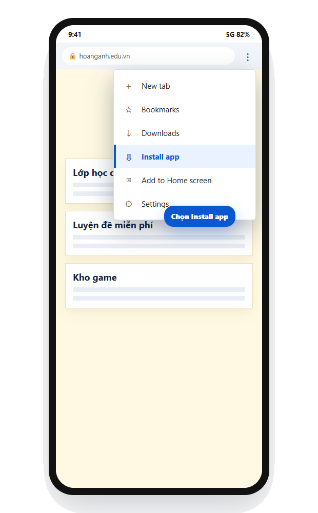 Minh họa menu Chrome Android với lựa chọn Install app