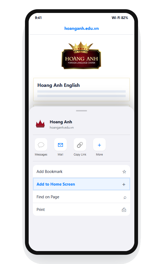 Minh họa Safari iPhone mở Share Sheet và Add to Home Screen
